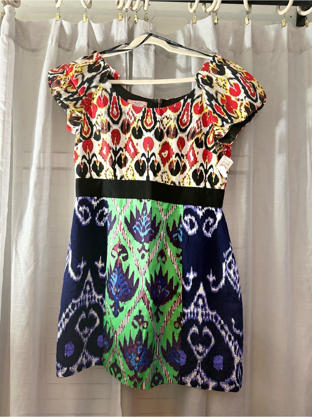 Phoebe Couture Multicolor Ikat Print Puff-Sleeve Dress